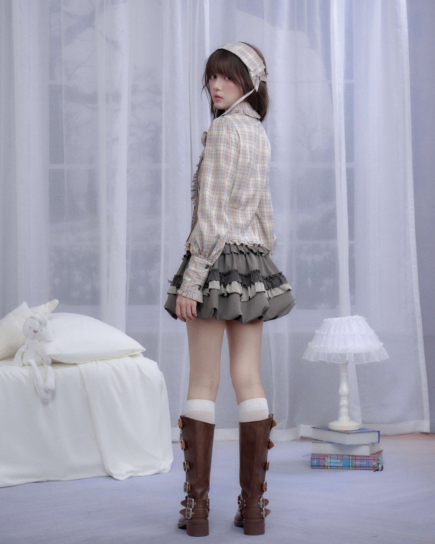 PLAID FRILL ROSE RIBBON BLOUSE