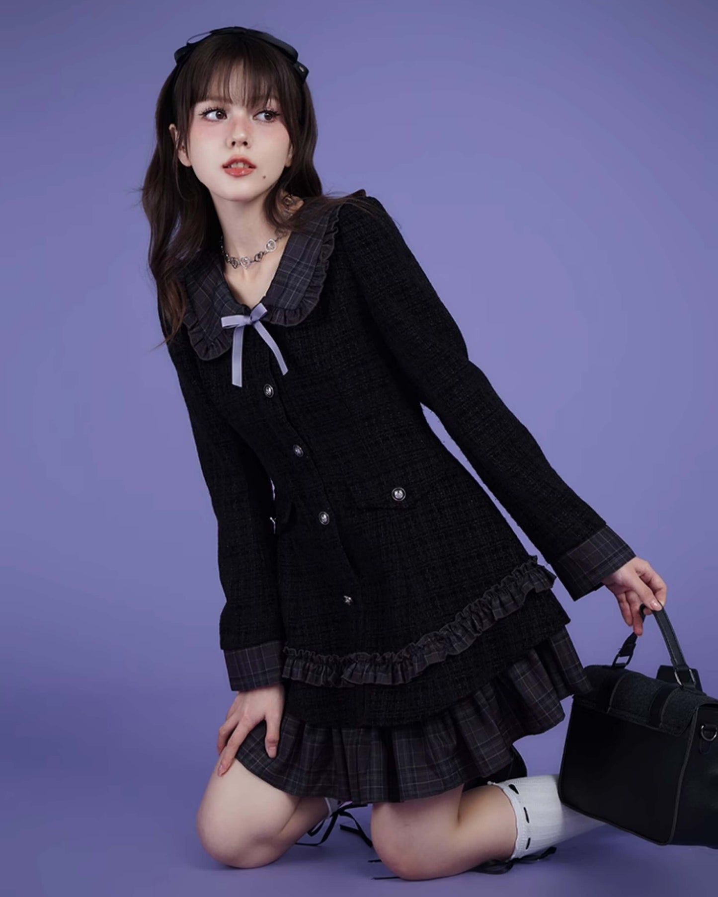 TWEED CHECK FRILL COLLAR LAYERED DRESS