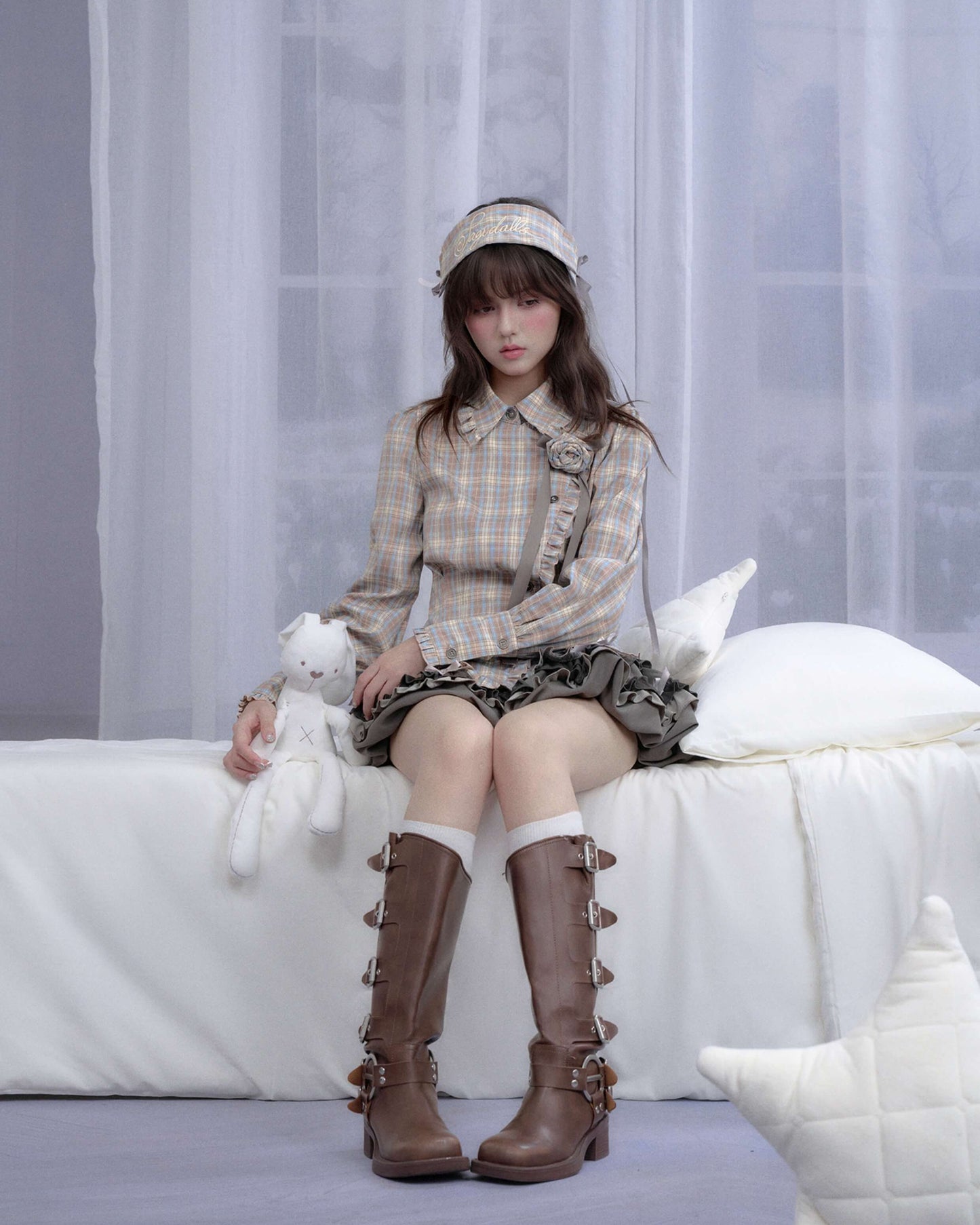 PLAID FRILL ROSE RIBBON BLOUSE